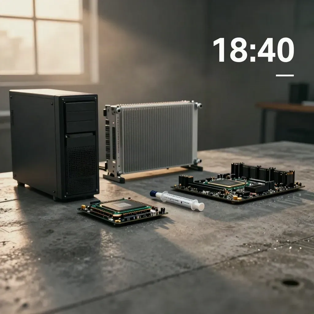 Banco prova CPU con dissipatore torre, RAM, pasta termica e luce calda dopo la pioggia.