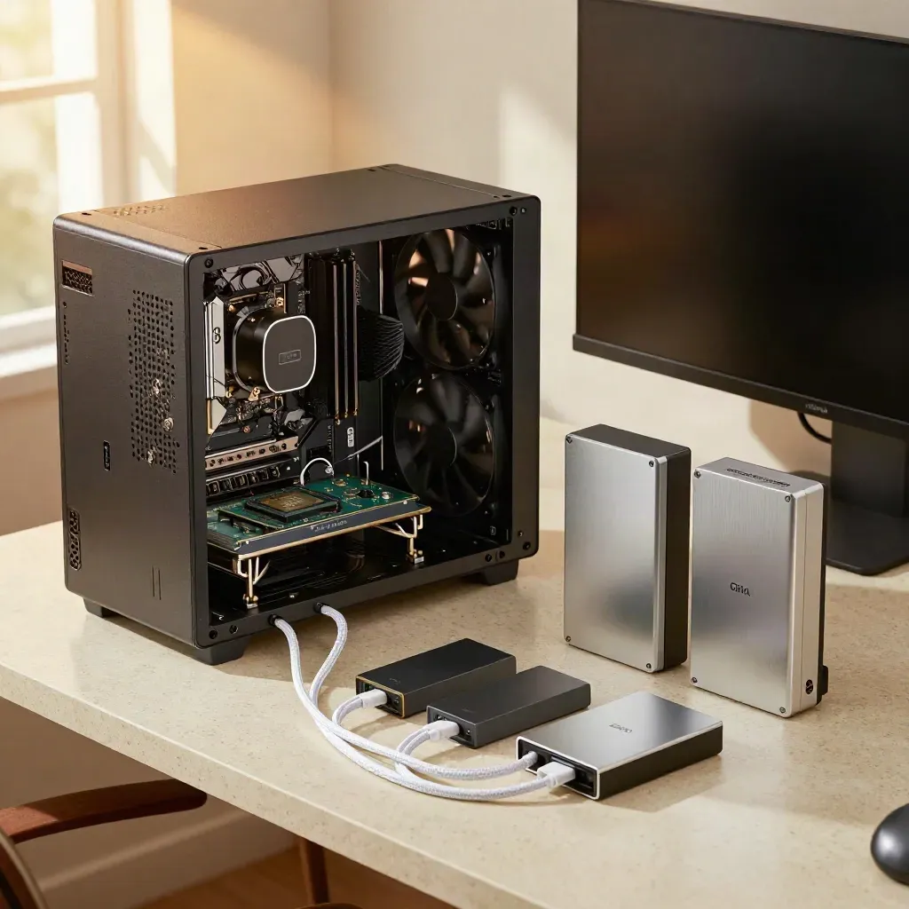 Workstation creator aperta con CPU, dissipatore voluminoso e drive esterni in luce calda.
