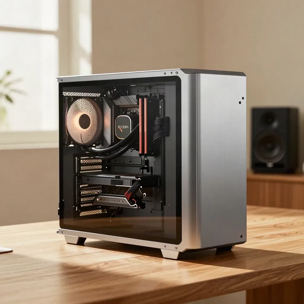 Torre creator premium con raffreddamento a liquido e speaker da studio su piano metallico.