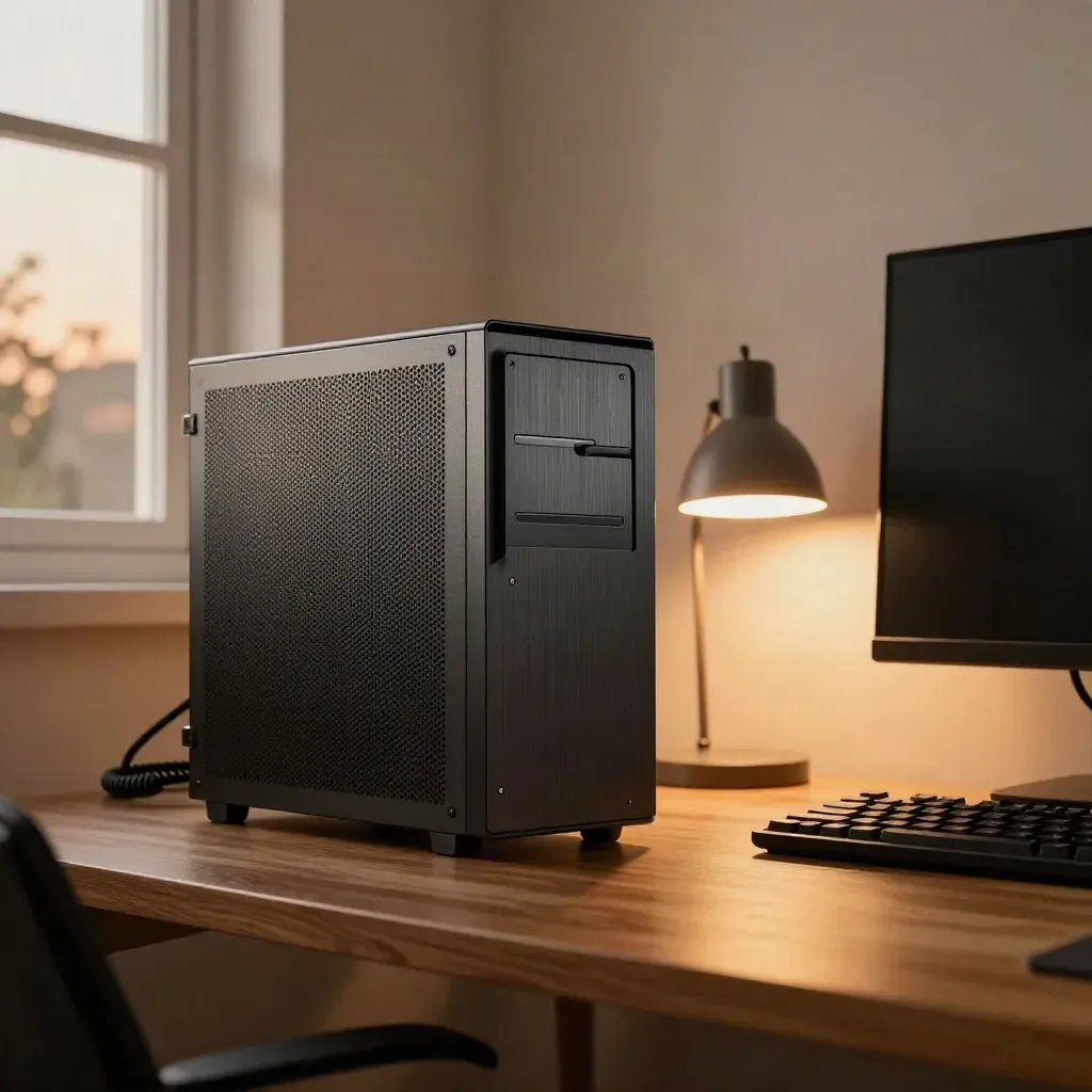 Angolo gaming domestico con PC compatto, monitor singolo e lampada da scrivania al tramonto.