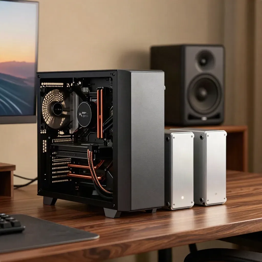 Workstation Ryzen 9 con dissipatore spesso, due unità esterne e speaker da studio in luce calda notturna