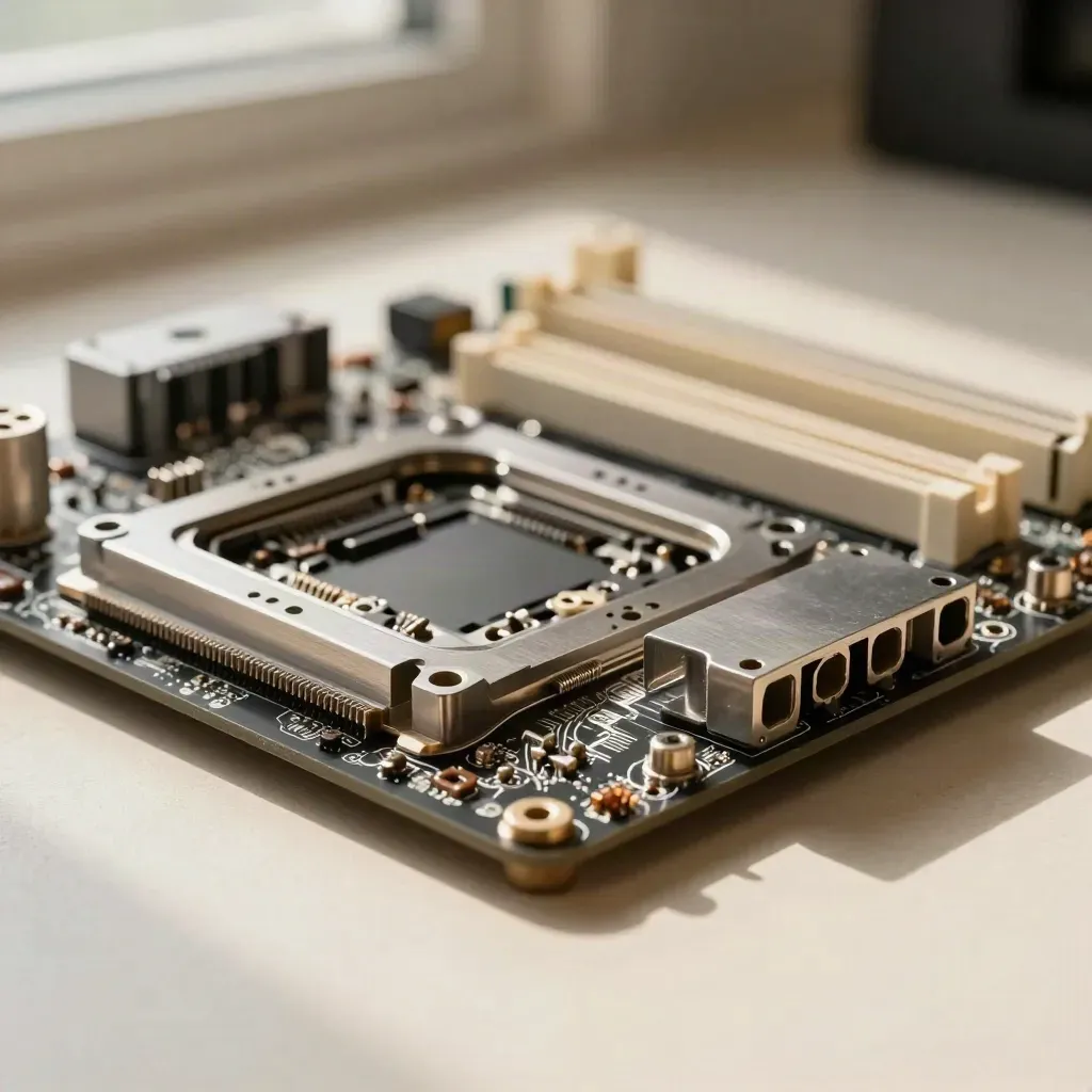 Motherboard LGA 1700 con socket aperto, staffa dissipatore e piastre di montaggio.