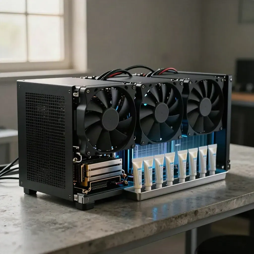 Banco di prova CPU con dissipatore torre e ventole in rotazione, calore e tubi di pasta termica.