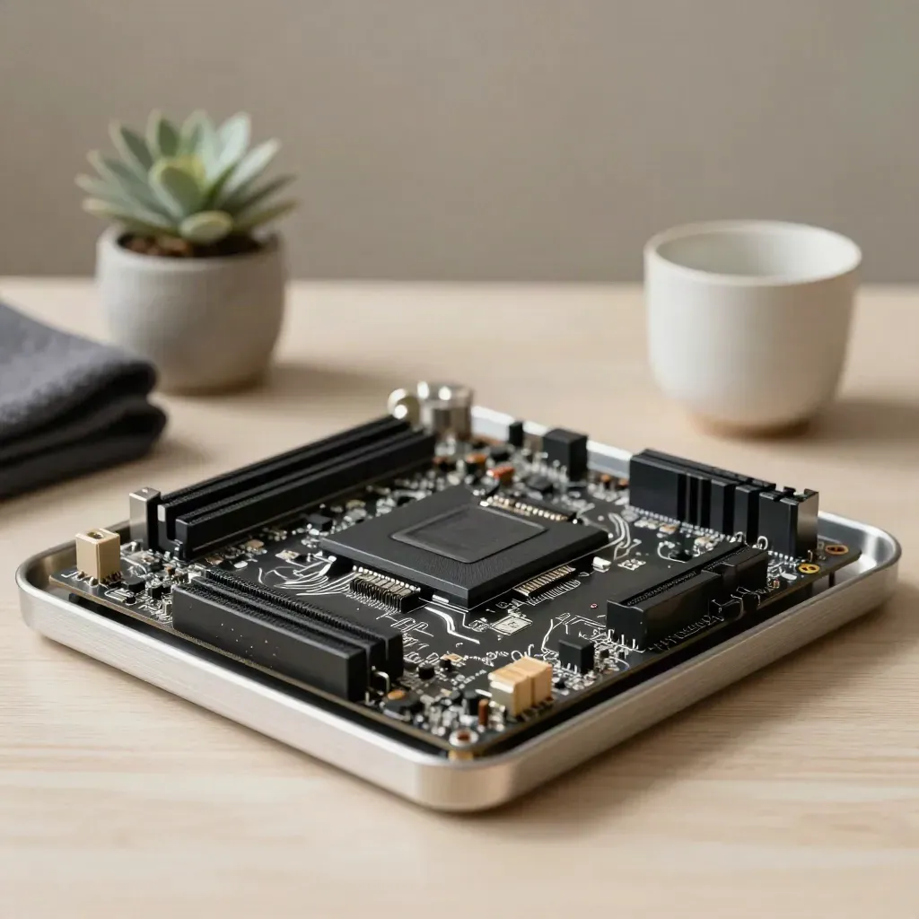 Chipset Intel su tray in alluminio con pianta, panno antracite e tazza ceramica